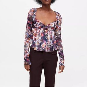Urban Outfitters Carried Away Blouse Fall Floral Ruched Puff Sleeve Y2K